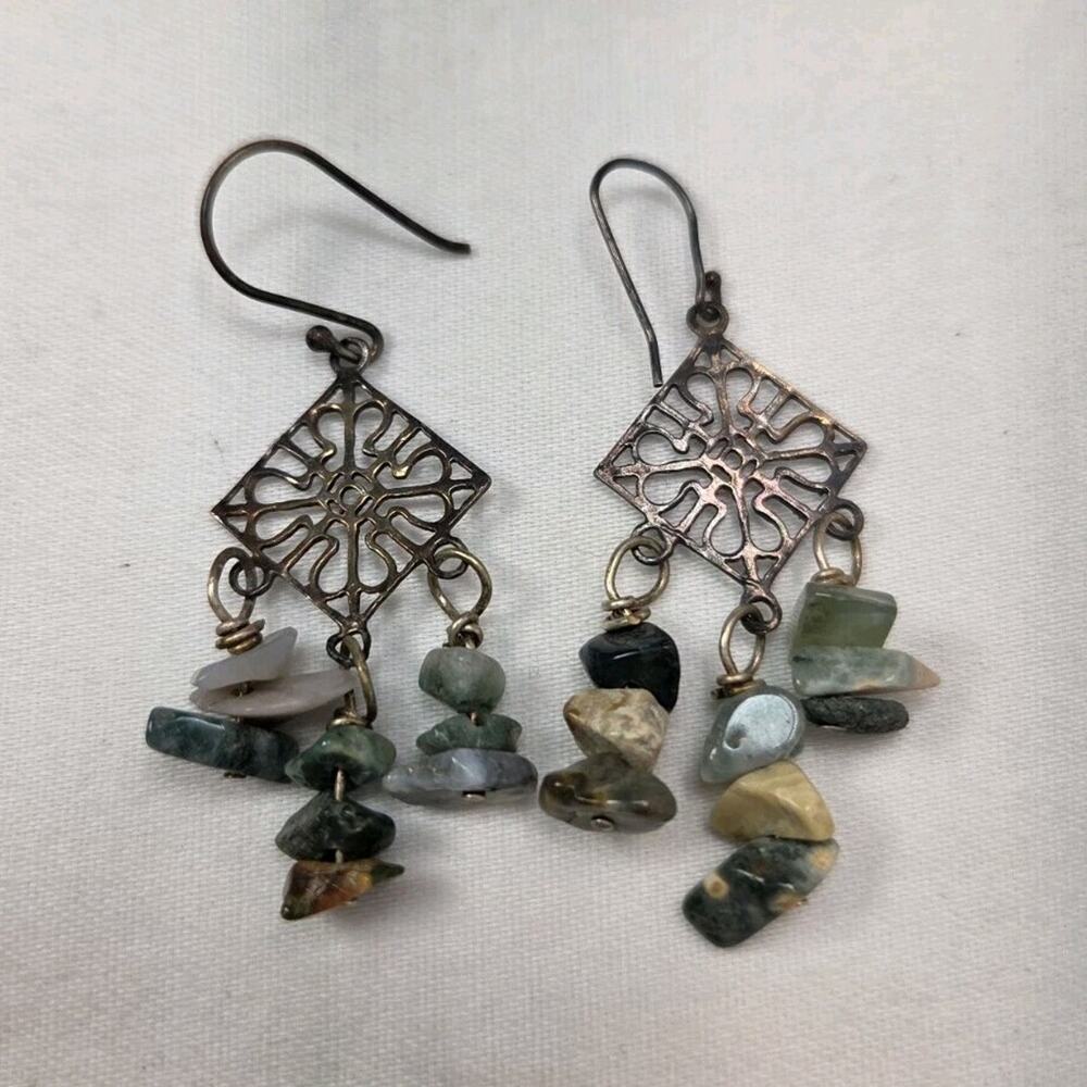 Handcrafted Bohemian‎ Dangle Earrings Geometric Metal Stone Green Beige